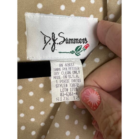 Vintage 80s Classic Tan and White Polka Dot Midi Dress D. J. Summers Size 12 - Picture 2 of 7